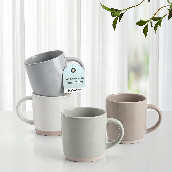 HaWare 13OZ Coffee Mugs with Handles, Stoneware Coffee Cups for 4 | Ceramic Catering Latte Mug, Modern Tea Mugs for Latte/Cappuccino/Cocoa/Milk, Dishwasher& Microwave Safe, Speckled Multicolor by HaWare