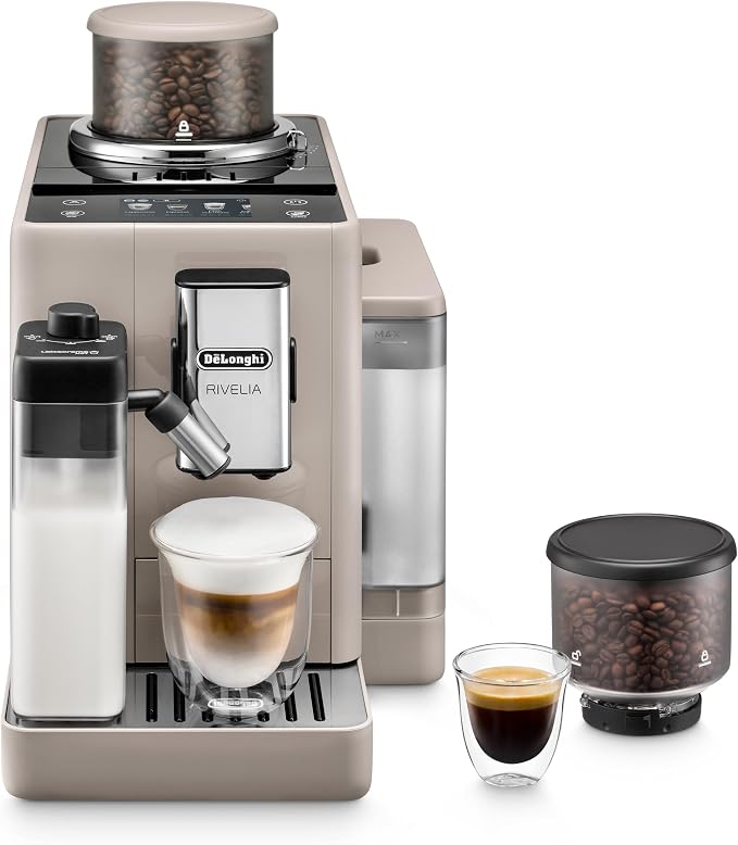 De'Longhi Rivelia Automatic Espresso Machine, Grinder, Milk Frother, Beige | #1 Worldwide Espresso Machine Maker, Removable Bean Hoppers, 18 One-Touch Recipes, Milk Frother, 4 Unique Colors by Unknown