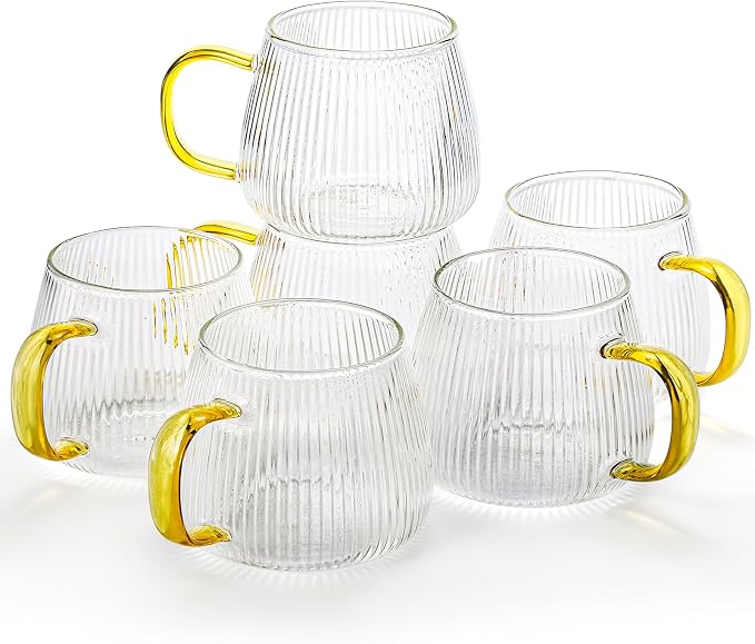 AVLA 6 Pack Glass Coffee Mugs, 16 OZ Unique Vertical Stripes Coffee Cup, Clear Large Tea Glasses with Handle, Vintage Transparent Glassware for Hot/Cold Beverages, Cappuccino, Latte, Espresso, Juice - Image 9