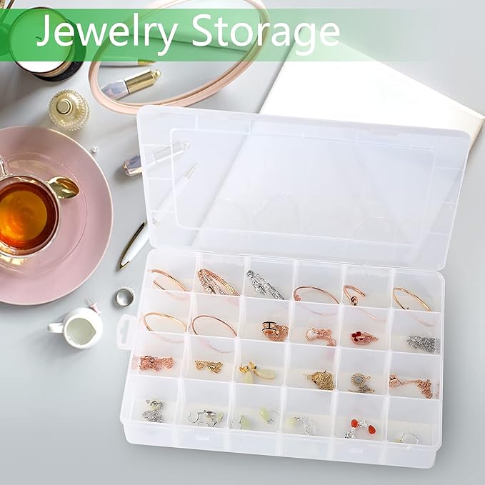Large 24 Grids Plastic Organizer Box Adjustable Dividers,Clear Storage Box for Jewelry, Art DIY Crafts, Washi Tapes, Beads and Small Parts(2 Pack)