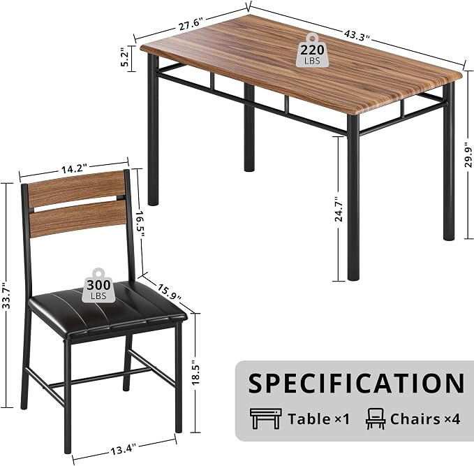 IRONCK Dining Table Set for 4, Walnut | Wood Kitchen Table with Upholstered Chairs for Kitchen Room and Small Spaces - Image 2