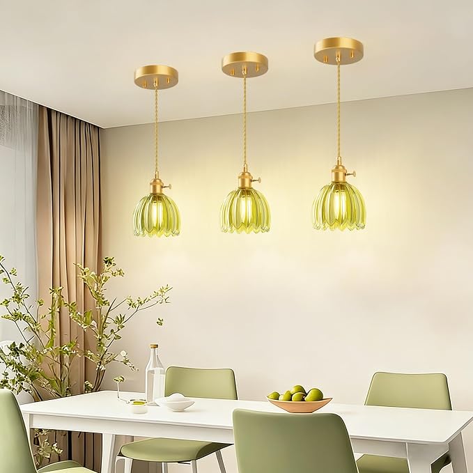 Ralbay Vintage Pendant Lights Kitchen Island,Green Tulip Glass Shade,3Packs | Mini Pendant Light Fixture with Switch,Adjustable Brass Hanging Light for Bedroom, Dining Room, Hallway,Bar - Image 6