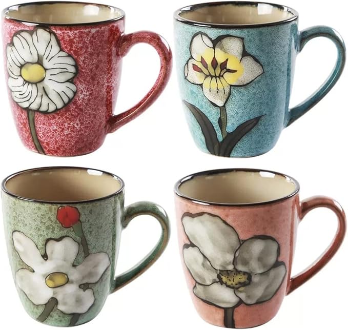 Ceramics 12oz Coffee mugs,Coffee cups,Tea mugs,Kiln Glazing Process,Microwave and Dishwasher Safe, Perfect For Tea, Espresso, Latte - Porcelain Mugs for Kitchen or Cafe (Red+Blue+Green+Pink) by ROCKGOLDBUG