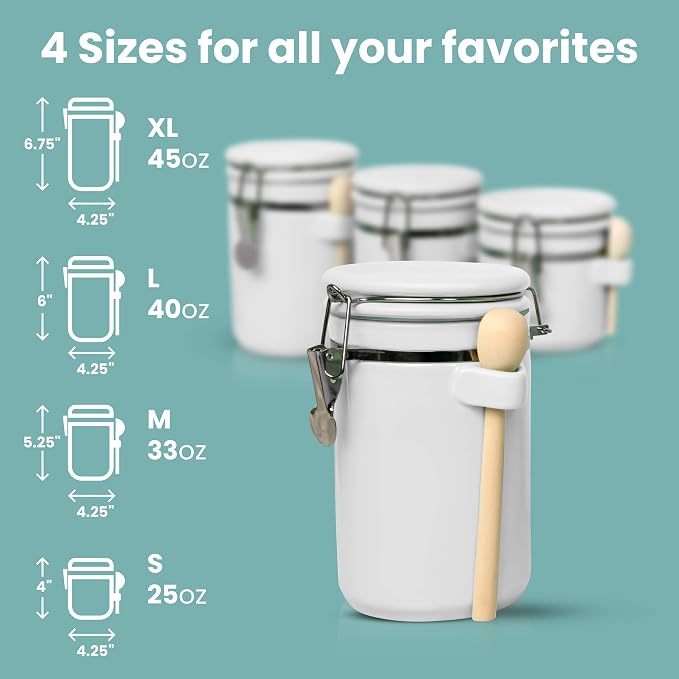 Home Intuition 4-Piece Ceramic Kitchen Canisters Set, Airtight Containers with Wooden Spoons Reusable Chalk Labels and Marker for Sugar, Coffee, Flour, Tea (White) - Image 6