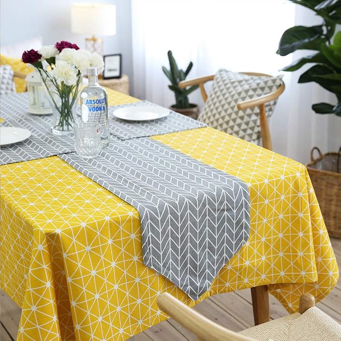 meioro Yellow Boho Table Cloth Rectangle Cotton Linen Nordic Twill Tablecloths Wrinkle Free Fabric Checkerboard Stripe Table Cloths Rustic Cover for Kitchen Dining Party Outdoor Picnic(55 x 63 Inch) - Image 3