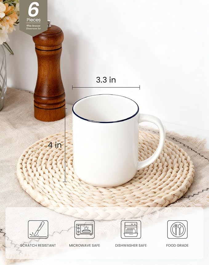 OTAGO Coffee Mugs for 6, 12 oz Mug Set, Dringking Cup with Handle for Coffee, Tea, Cocoa,Blue Rim - Image 3