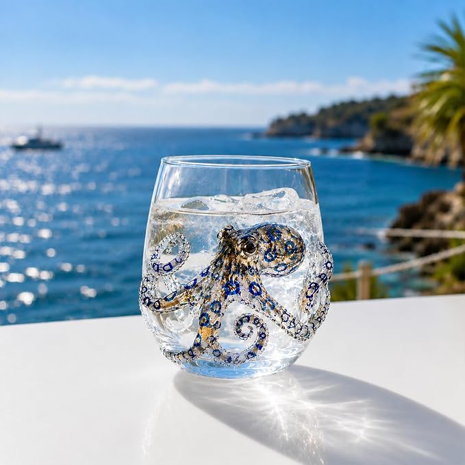 Coastal Stemless Wine Glasses Set of 4, 12oz 3D Ocean Animal Artisan Glassware Collection with Unique Sea Life Designs (A - Set of 1) by Lifmagic