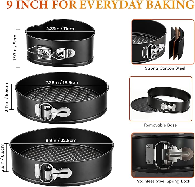COOLMI Springform Pan Set of 3, 4 Inch Heart & 7/9 Inch Round Cheesecake Pans, Nonstick Cake Pans with Removable Bottom, Leak-Resistant Carbon Steel Bakeware for Baking, Cake Release Knife Included - Image 4