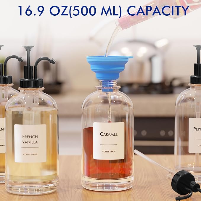 16.9 oz/500 ml Coffee Syrup Dispenser Set - 4 Glass Bottles with Black Pumper and Syrup Labels - Precise Dispensing and Stylish Addition to Coffee Shop, Cafe or Home Bar - Image 2