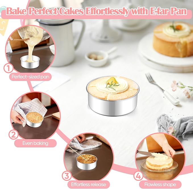 E-far Small Cake Pans Set of 2, 5 Inch Stainless Steel Mini Round Baking Pan Tins - Non-Toxic & Leak-Proof Cake Mold for Smash Birthday Layer Tiered Cheesecake, Easy Clean & Dishwasher Safe - Image 5