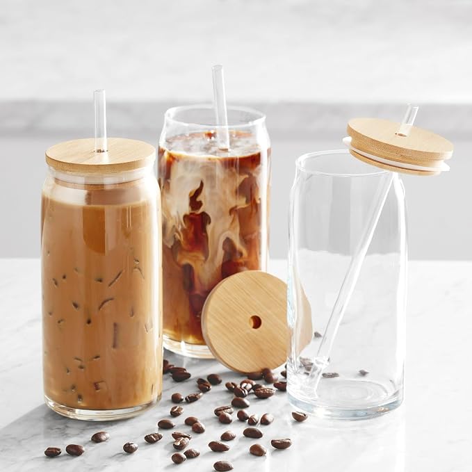 4 Pack Glass Tumbler Cups with Bamboo Lids and Straws, Clear Can Shaped Drinking Glassware Set - Image 2