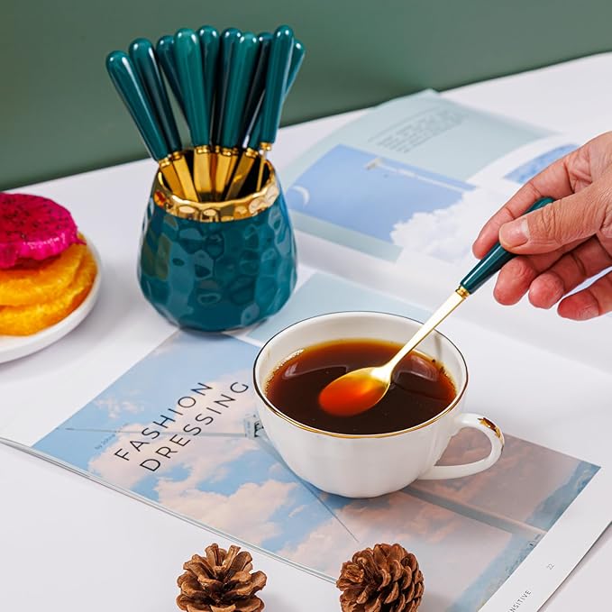 Coffee Spoon Set,Ceramic Jar with 8 Small Spoons for Coffee,Tea,Ice Cream,Cake,Flatware Set (Emerald jar+8 spoons)