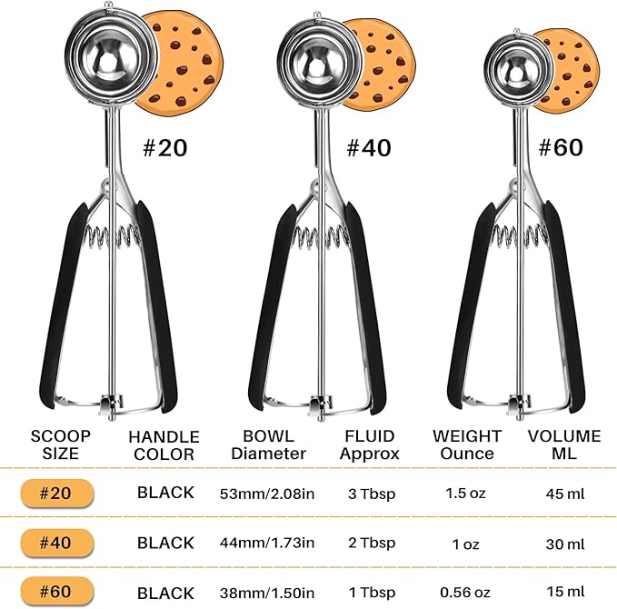 Cookie Scoop Set, Cookie Scoops for Baking Set of 3, Cookie Dough Scoop, 1 Tablespoon/ 2 Tablespoon/ 3 Tablespoon, Black Handle, For Cookie, Cupcake, Muffin, Ice Cream,Truffles