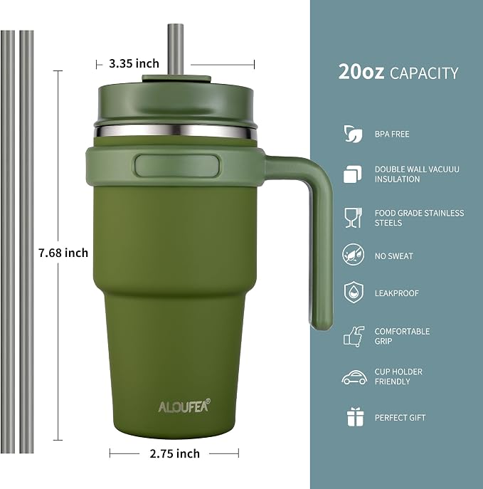 20 oz Insulated Travel Coffee Mug Tumbler with Handle and Straw | Leakproof Stainless Steel Coffee Cup with Lid, Double Wall Vacuum Ice Thermal Cup, Army Green - Image 2