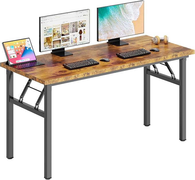 DlandHome 62 Inch Large Folding Computer Desk, Fully Assembled, Retro | Foldable Writing Table for Bedroom Dorm, Conference Table for Home Office, Wood Top Metal Frame, Collapsible Easy Storage by DlandHome