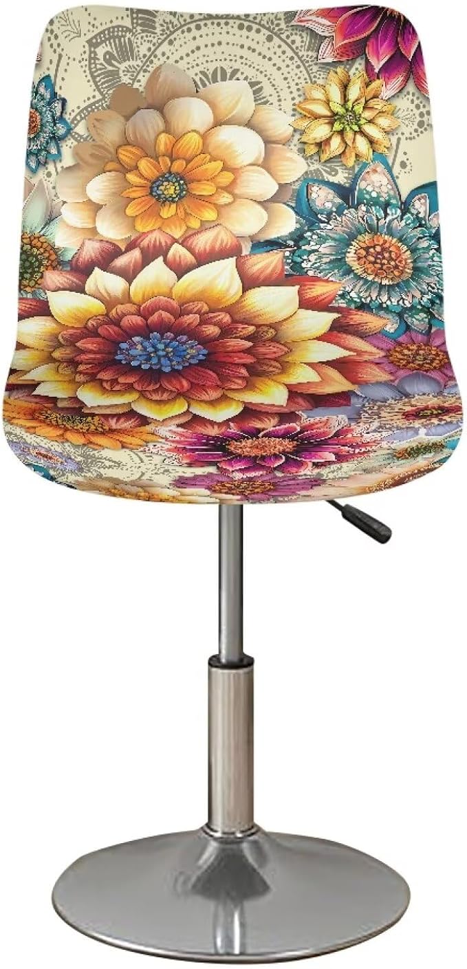 Bohemian Flowers Pattern Bar Stool Covers, 2 Pcs Bar Stool Covers with Backs Washable Soft Decorative Dining Chair Covers for Dining Room Cafe Kitchen - Image 2