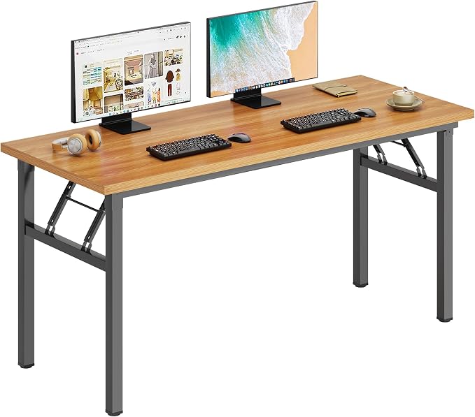DlandHome 54.3 Inch Large Folding Computer Desk, Fully Assembled Teak Black | Foldable Writing Table, Portable Activity Conference Table for Home Office, Wood Top Metal Frame, Collapsible Easy Storage by DlandHome