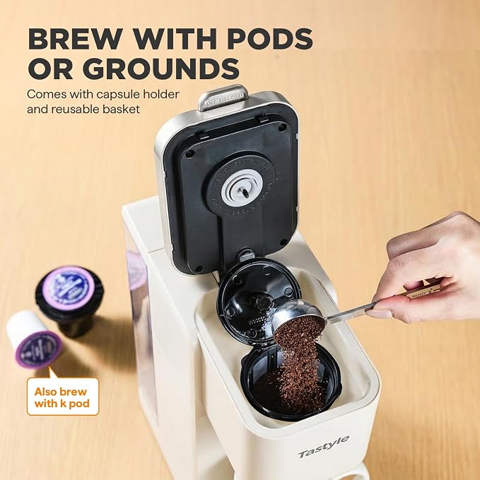 Tastyle Single Serve Coffee Maker for K Cups and Grounds with 3 Brew Styles | 40oz Removable Water Tank, 6 to 24oz Brew Size, Compact Design, Fits 7.3" Travel Mug, for Home, RVs and Office, K330IC, Beige - Image 4