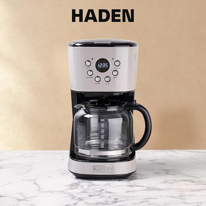 HADEN 12-Cup Programmable Coffee Maker for Home or Office, Putty & Chrome – Drip Brewer Machine with Brew Strength, Delay Brewing, Auto Shut-Off and Reusable Washable Water Filter - Image 7