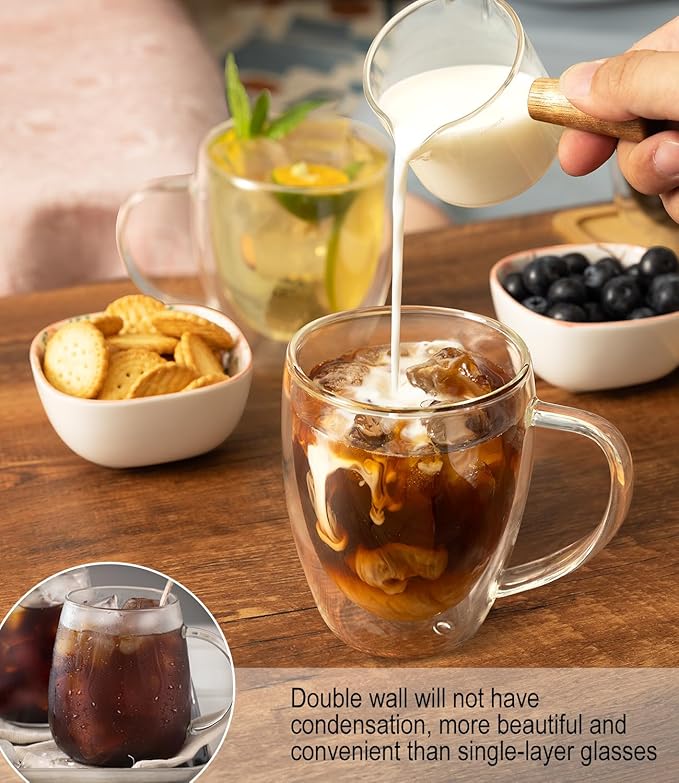 OJA Double Wall Glass Coffee Mugs 12.3oz, Hand Blown Clear Glass Coffee Cups Set of 2, Insulated Tea Mug, Perfect for Espresso, Cappuccino, Latte, American,Tea Bag, Beverage
