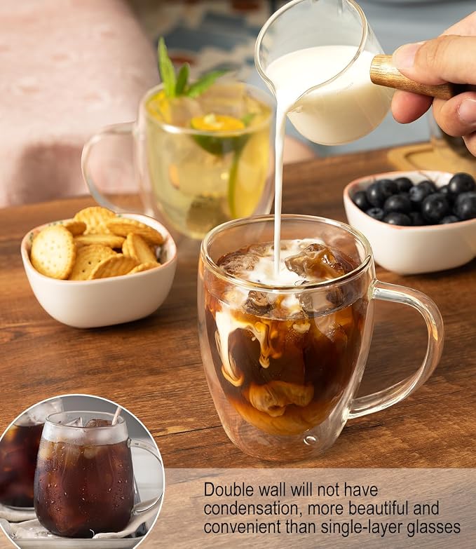 Double Walled Glass Coffee Mugs, 12.5OZ Cups Set of 4 for Latte Cappuccino | Clear Glass Coffee Cups with Handle,Perfect for Latte,Cappuccino, Espresso, American,Tea Bag - Image 4