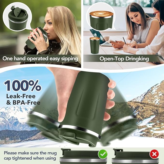 Volhoply 12 oz Double Wall Insulated Vacuum Travel Coffee Mug with Flip Lid Bulk 4 Pack,Reusable Stainless Steel Leak Proof Coffee Cup,Portable Thermal Tumbler for Hot & Cold Drinks(Army Green,8 Set) - Image 6