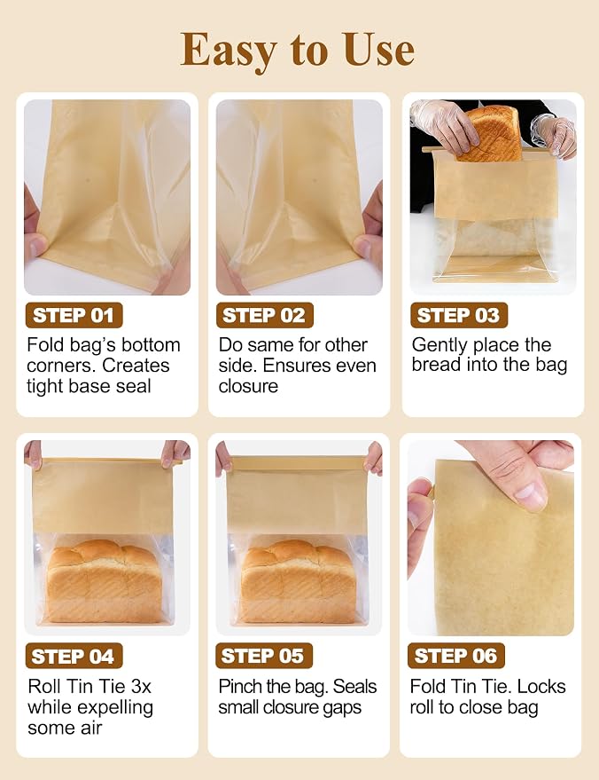FireKylin Bread Cookie Bags with Window & Tin Tie,3.9x3.1x8.2 (100,Small) | Food Safe Brown Paper, Clear Window, Reusable Tin Tie, for Homemade Bread, Cookies, Muffins, Pastry, Candy, Party Favor - Image 5