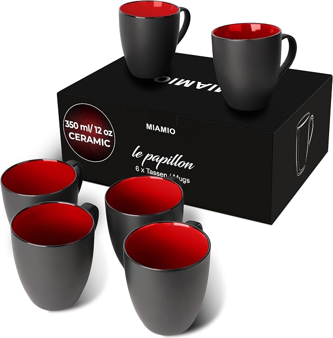 MIAMIO - Coffee Mugs Set of 6 (12 oz) - Le Papillon (Red) - Daily Table Set | Ceramic coffee mugs for coffee, cappuccino and tea, 12 oz for everyday use - dishwasher safe - practical for daily use by MIAMIO