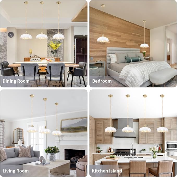 Mid Century Modern Pendant Light Nordic White Chandelier with Hand Blown Flower Glass Shade Brass Adjustable Height Dining Table Pendant Lamp with Switch for Kitchen Island Dining Room Hotel - Image 7