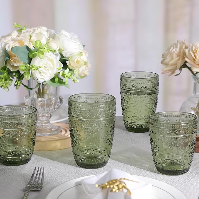 abrwyy Green Drinking Glasses, Vintage Glassware, 14oz Green Glass Cups | Lead-Free Glass, Thick&Durable Glass, Home Decoration, Drinking Glasses Set of 6 - Image 4