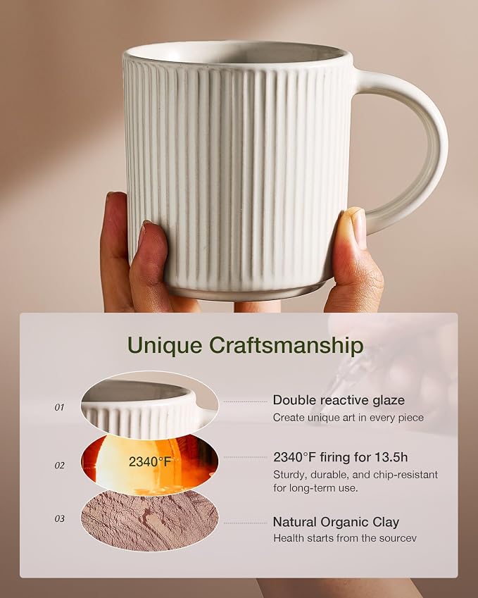 famiware Coffee Mug Set for 4, Star 12 oz Catering Mugs Cup Set with Handle for Coffee, Tea, Cocoa, Milk- Ceramic Stoneware Drinkware Set, Oat - Image 6