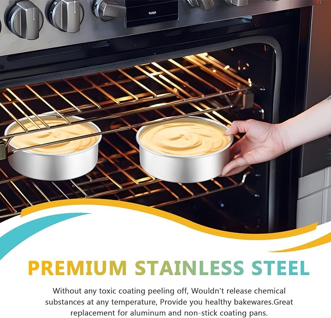 P&P CHEF 6 Inch Cake Pan Set of 2, Stainless Steel Round Baking Cake Pans | For Baking Serving, Non Toxic & Healthy, Leak-proof & Easy Clean, Mirror Finish & Easy Releasing, Oven & Dishwasher Safe - Image 3