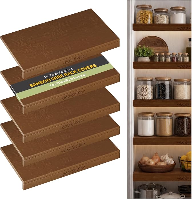 Wire Shelf Covers, Bamboo Wire Rack Covers for Pantry, Closet,Kitchen (5pcs, 30" W x 16" D, Walnut) by ClimbHope
