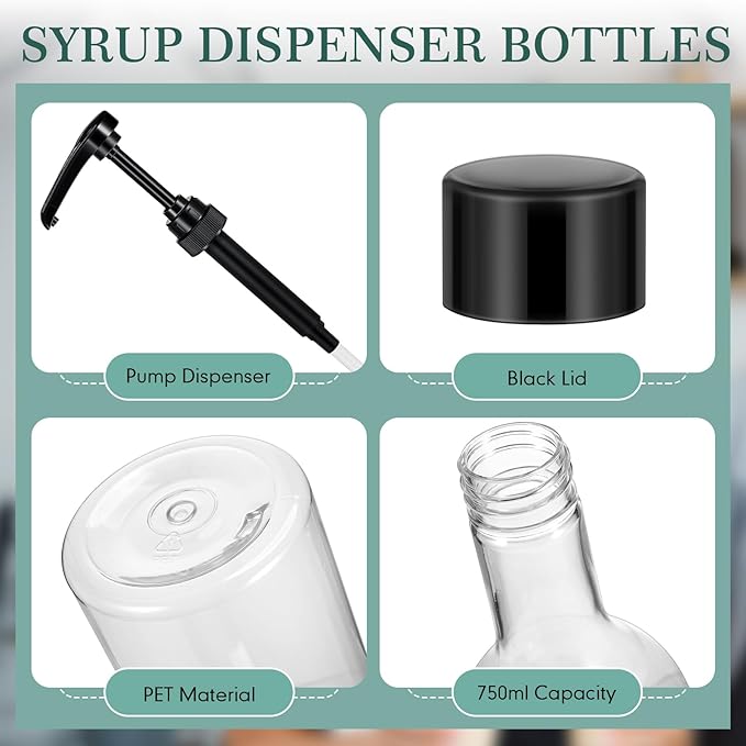 Maxdot 2 Pcs 25 oz Syrup Bottles with Pump Long Neck Bottles Plastic Syrup Pump Dispenser for Coffee Bar Accessories Home Party