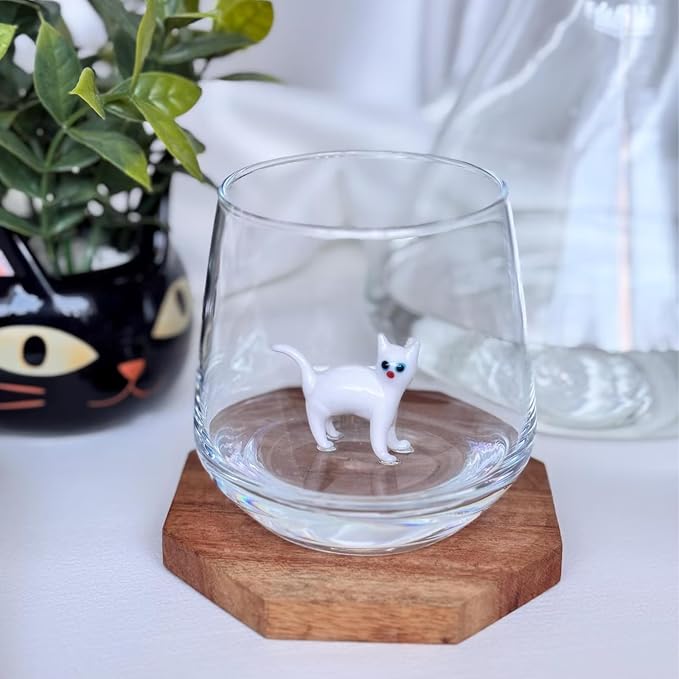Cat Figurine Glass Cup 3D Animal Artisan Glassware Collection Handmade Cute Wine Cup Meow Garden Crystal Cat Tumbler Gothic Decorations Stemless Wineglass - Image 3