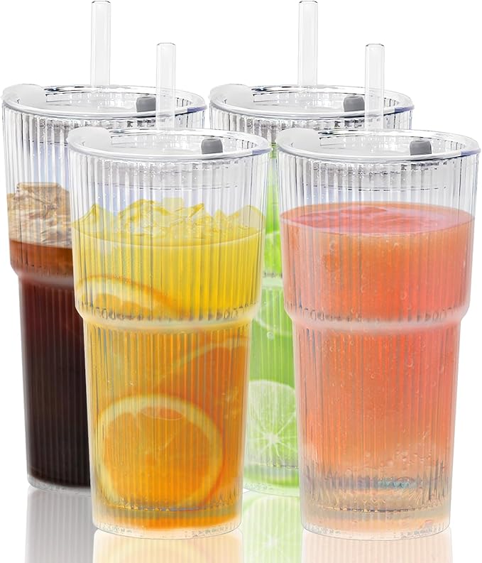 20oz Glass Tumblers with Lids and Glass Straws, Thickened for Iced Coffee, Smoothies,Cocktails and Juices-Elegant Durable for Home, Office,Travel (Rainbow)