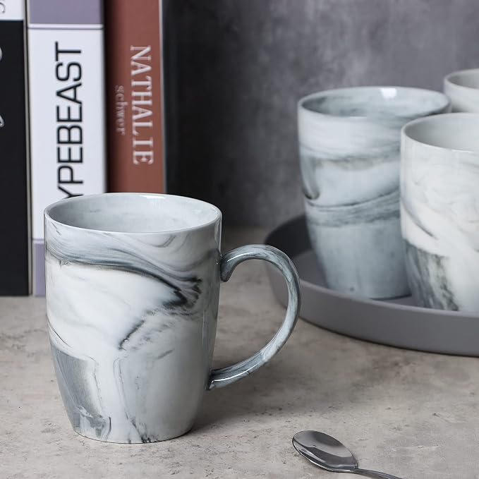 14 OZ Marble Coffee Mugs, M067 Novelty Marble Ceramic Cup for Home and Office, Microwave Dishwasher Safe, Set of 4, Gray - Image 3