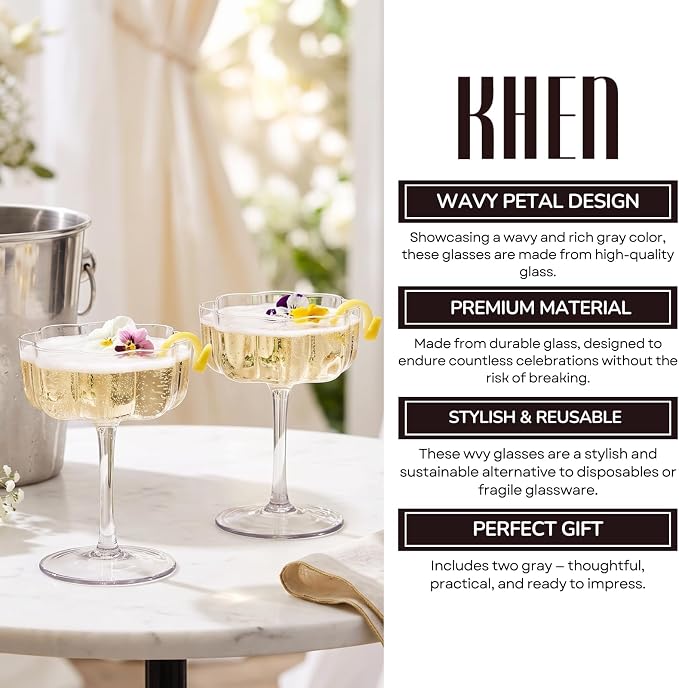 Khen Flower Vintage Wavy Glass Coupes Martini, Champagne & Cocktail Coupes - Set of 2-7oz Colorful Cocktail Glasses & Champagne, Prosecco, Mimosa Glassware Copyright Design - Gray - Image 5