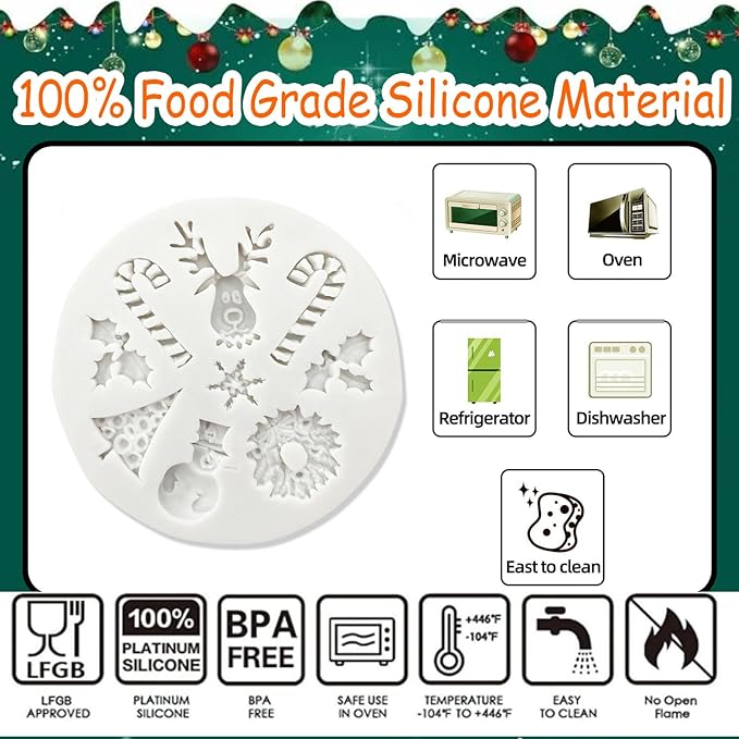 1 Pcs Christmas Silicone Baking Molds 3D Chocolate Candy Molds Snowman Elk Crutch Gingerbread Snowflake Shape Design Mold for Cake Toppers Fondant Ice Cubes Jello DIY Cake Candles Cake Decoration