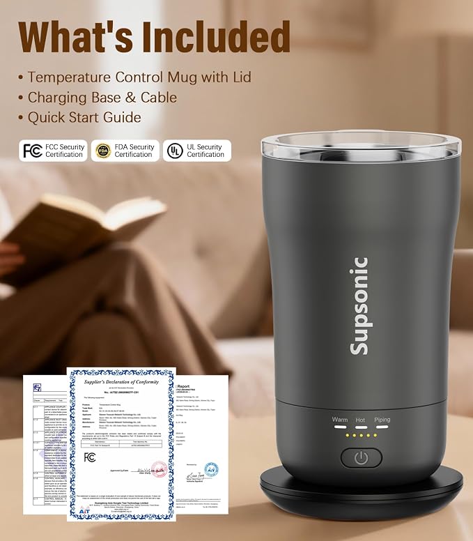 Supsonic - 14oz Heated Coffee Mug, Self-Heating Travel Mug with 3-Temp Settings, Insulated Stainless Steel Constant Temperature Heating Mug for Beverage, Smart Heating Portable Coffee Mug | S1 - Image 8