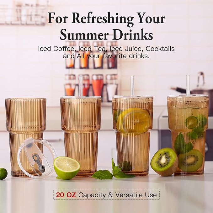 4PCS Brown Drinking Glasses, Ribbed Glass Cups with Lids and Straws, 20oz Vintage Drinking Glasses, Aesthetic Iced Coffee Cups, Glass Tumbler for Boba, Beer, Tea, Cocktails, Yellow Glassware (Brown-4) - Image 6