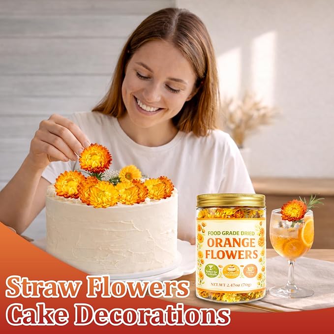 90+ Edible Dried Flowers for Cake Decorations, 100% Natural Dried Strawflowers Orange & Yellow for Cocktails Garnish, Drink Botanicals and Baking - Image 5