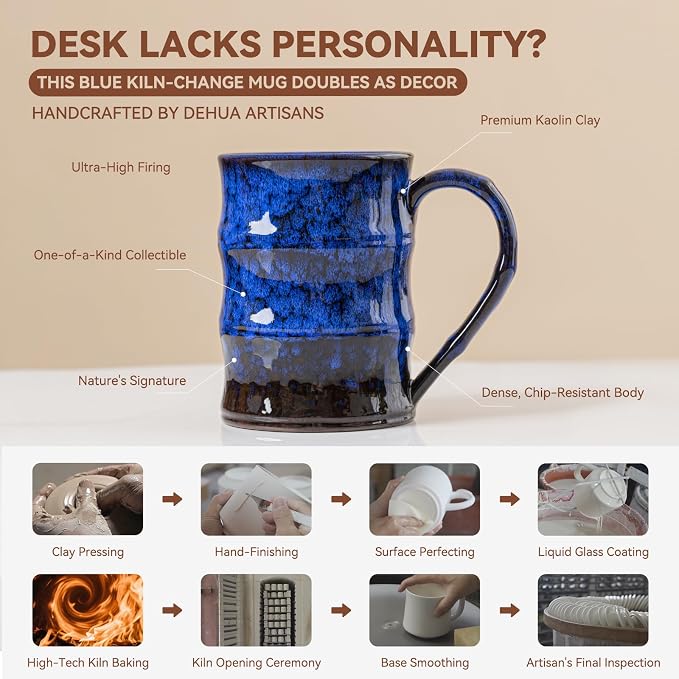 22oz Blue Kiln-Change Ceramic Coffee Mug with Ergonomic Handle, 1340℃ High-Fire Large Mug - Lead-Free, Microwave Safe, Great Gift for Valentine’s/Mother’s Day - Image 2