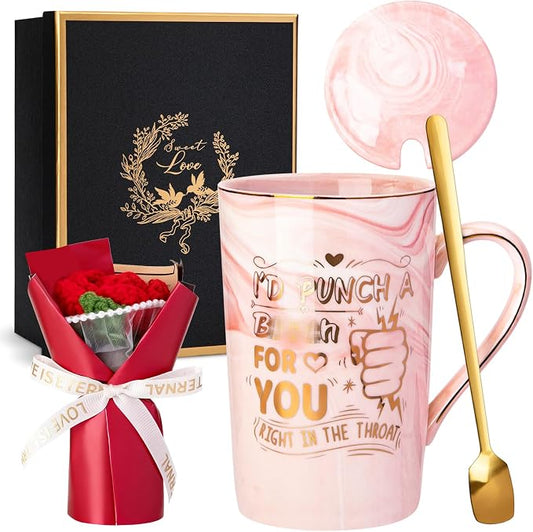 Birthday Gifts for Women 14oz Novelty Ceramic Coffee Mug & Crochet Flowers | Funny Valentine's Day Christmas Mothers Day Friendship Gift for Women Girlfriend Sisters Mom BFF Besties Nice Gift Box by Biching