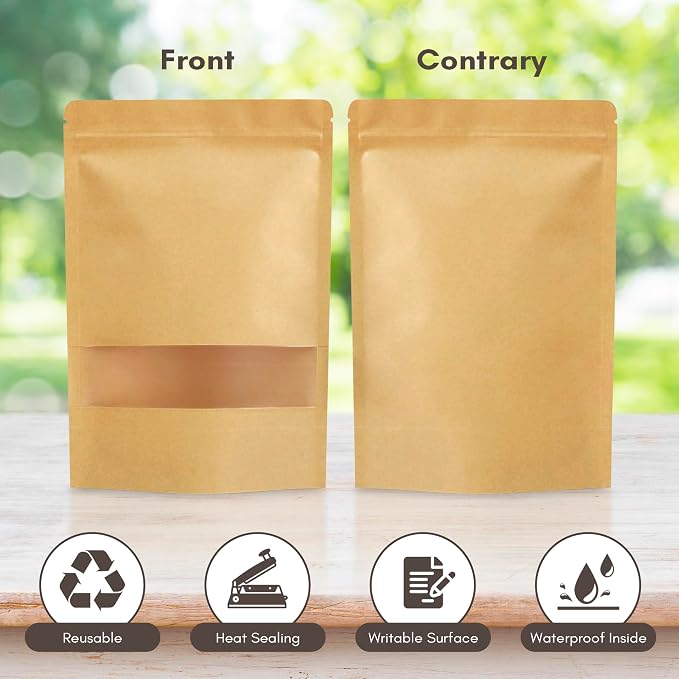 DiRose Kraft Stand Up Pouches with Window, Reclosable Food Storage Bags, Heat Sealable Stand Up Pouch for Coffee, Candy, Nuts, Tea, Spices – 12 oz (300 Pack) - Image 4