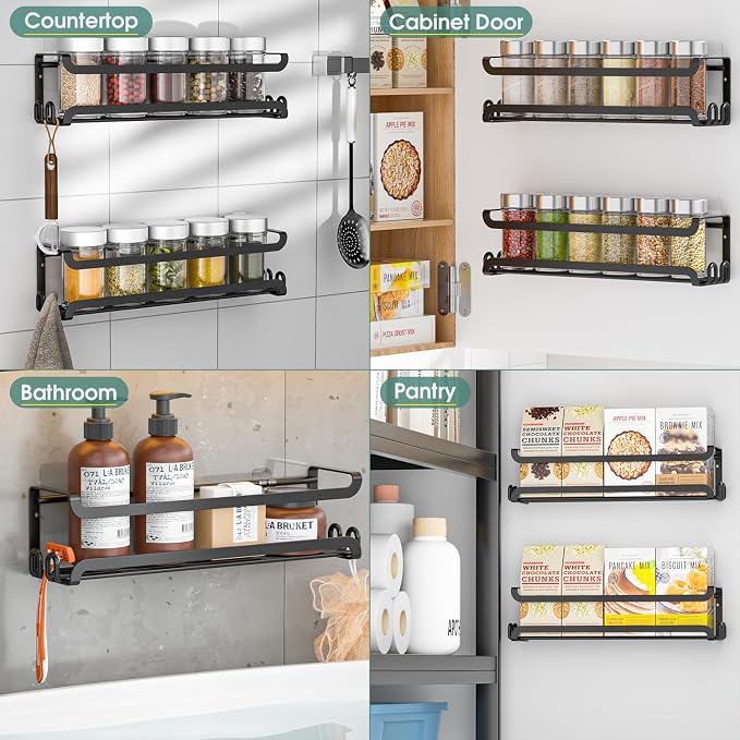 LUCYCAZ 4 Pack Wall Mounted Spice Rack for Kitchen Cabinet,RV,Camper,Black | 16 Metal Hooks, Space-Saving,Screw or Adhesive Spice Shelf Hanging,for Pantry Door Spice Jars & Seasonings,11.41×2.75×2.36in - Image 9
