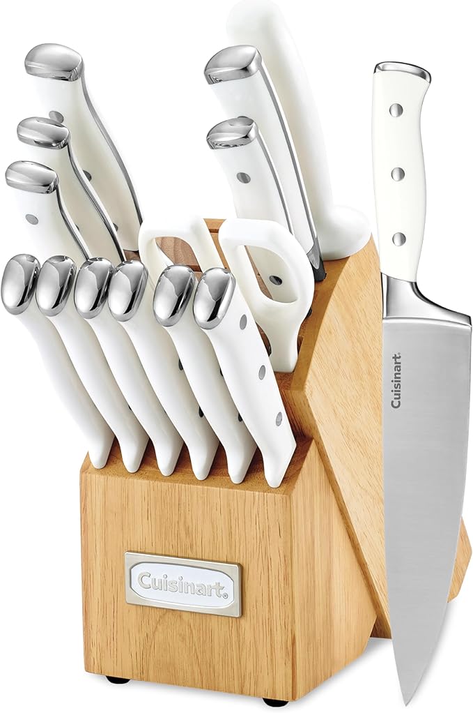 Cuisinart 15-Piece Knife Set with Block, High Carbon Stainless Steel, Forged Triple Rivet, White, C77WTR-15P by Cuisinart