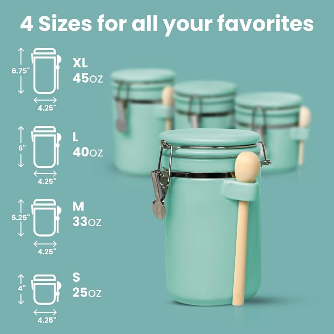 Home Intuition 4-Piece Ceramic Kitchen Canisters Set, Airtight Containers with Wooden Spoons Reusable Chalk Labels and Marker for Sugar, Coffee, Flour, Tea (Turquoise) - Image 6