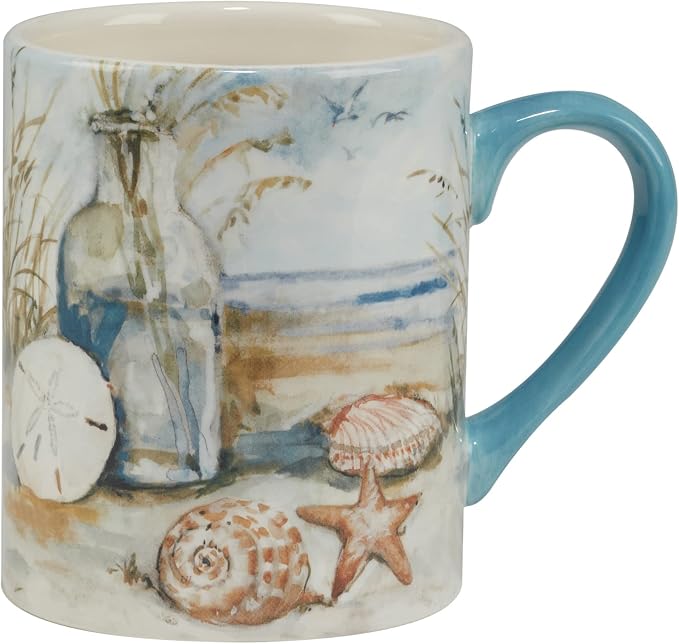 Coastal Landscape 16 oz. Ceramic Mugs – Set of 4 Assorted Beach Designs with Starfish, Shells & Ocean Bottles – Seaside Coffee Cups for Tea, Hot Cocoa, or Gifting – Blue Handle Accent - Image 2