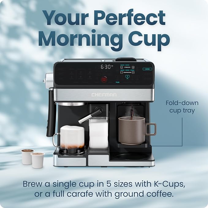 Chefman Coffee Maker Espresso Machine Combo, 8-in-1 Coffee Station with Automatic Milk Frother for Lattes, Cappuccinos, Macchiatos, 20-Bar Pump, 12-Cup Carafe & 3L Water Tank - Black - Image 5